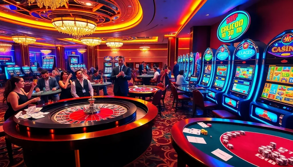 Players enjoy the excitement of casino games at https://gg88.tech/, with vibrant roulette and slot machines in view.