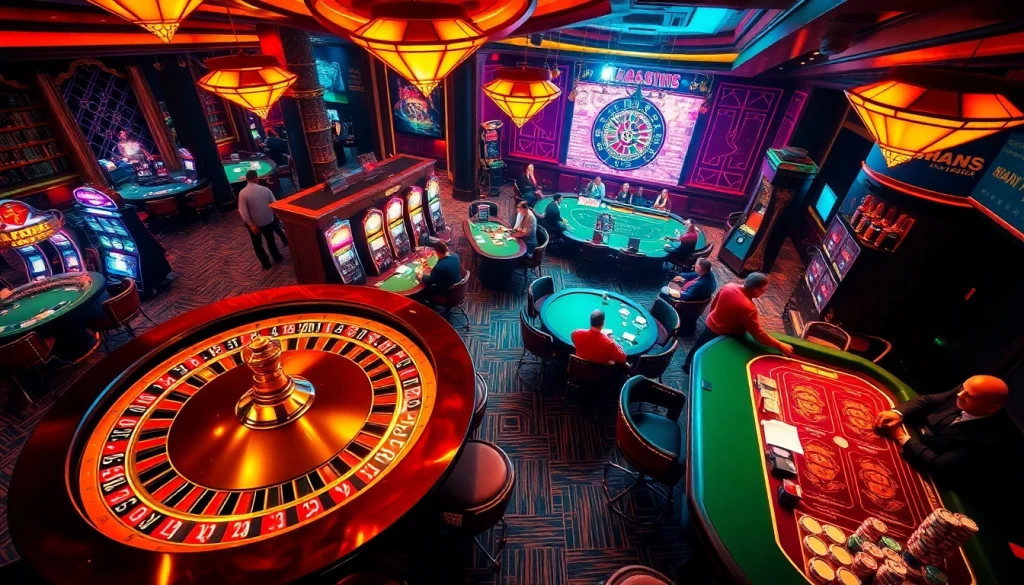 A dynamic casino scene with players at poker tables and vibrant slot machines, highlighting the excitement of gambling at https://qe8.agency/.