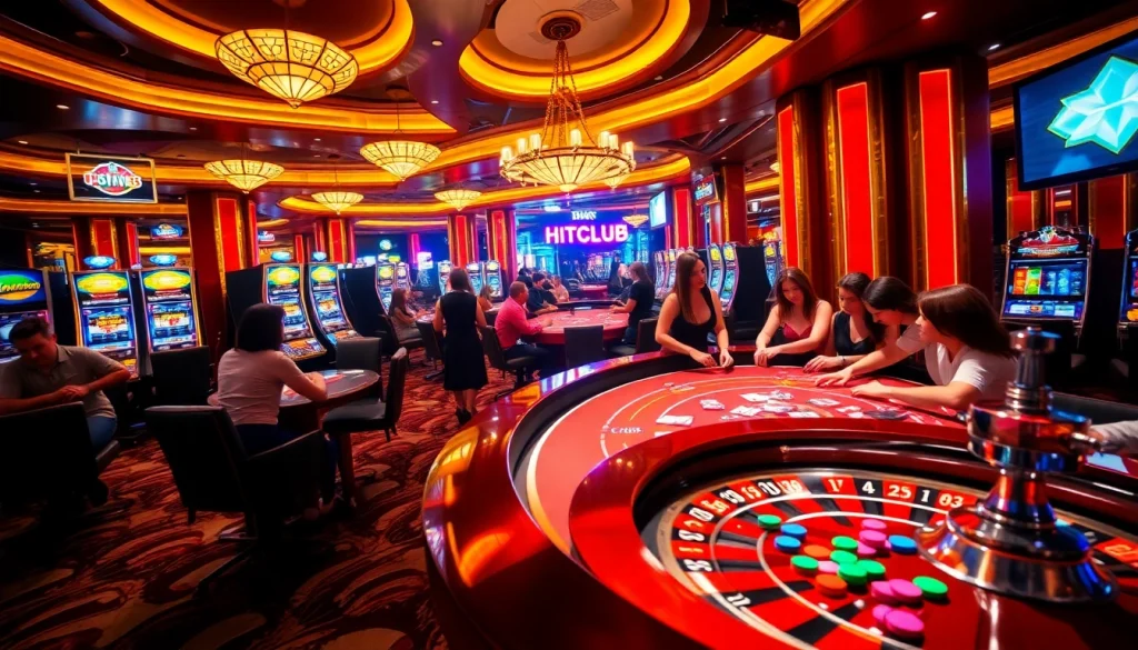 HITCLUB casino experience with players excitedly engaging at the poker table among vibrant casino tables.