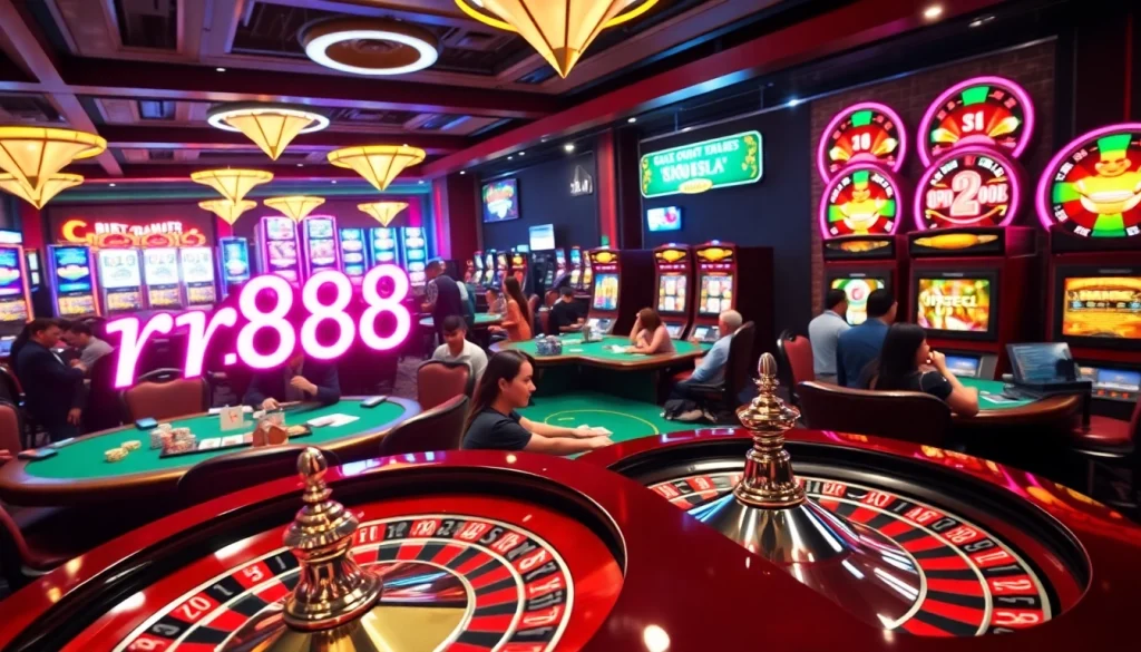 Experience the thrill at trang chủ rr88 with vibrant casino tables and roulette wheels, showcasing the excitement of gambling.