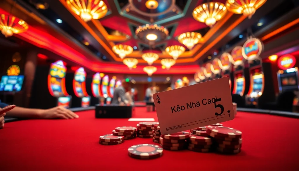 Experience the thrill of Kèo Nhà Cái 5 with an exciting poker game amid dazzling casino lights.